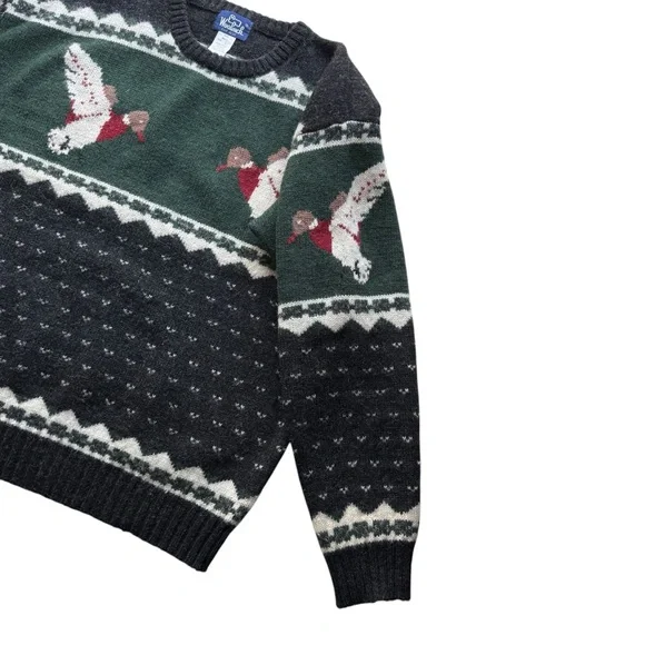 Vintage 90s Woolrich Sweater Mens Large Green Mallard Ducks 100% Wool Hunting - Picture 4 of 13